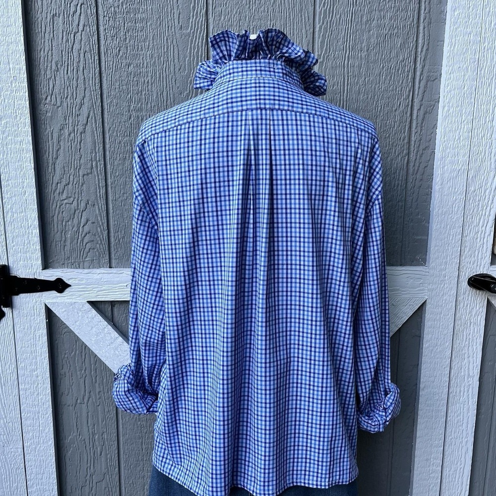 Upcycled Re-worked Ralph Lauren Performance Blue Check Ruffle Collar Shirt XXL - Picture 5 of 9
